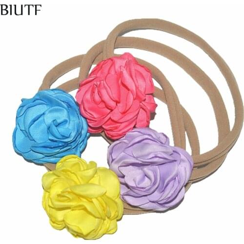 50pcs/lot Elastic Spandex Nylon Headband with 5cm Singed Satin Flowers Girl Beautiful Headwear DIY Boutique FD249