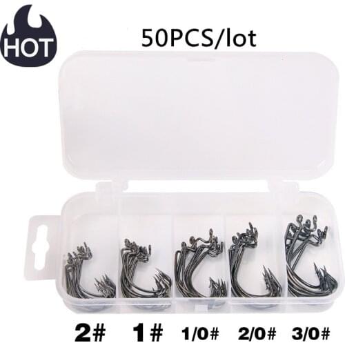 50pcs/lot Red Black Bass Barbed Carp Fishing Hook Boxed Carbon Steel Crank Fishing Hooks For Soft Worm Lure Tackle Accessories