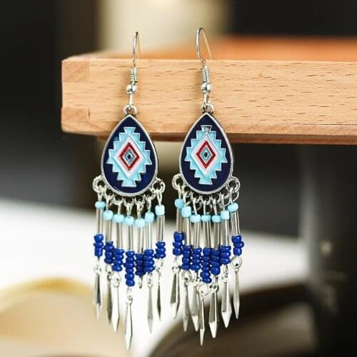 Bohemian Earrings for Women Enamel Flower Tassel Beaded Teardrop Earrings Gift Party Jewelry