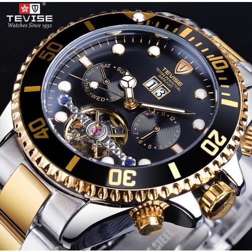 TEVISE Tourbillion Design Black Golden Waterproof Calendar Display Mens Automatic Sport Wrist Watch Top Brand Luxury Male Clock