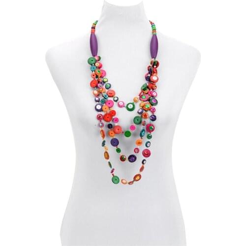 European and American exaggerated long Bohemian handmade 4 colors coconut shell wooden beads sequined beach necklace