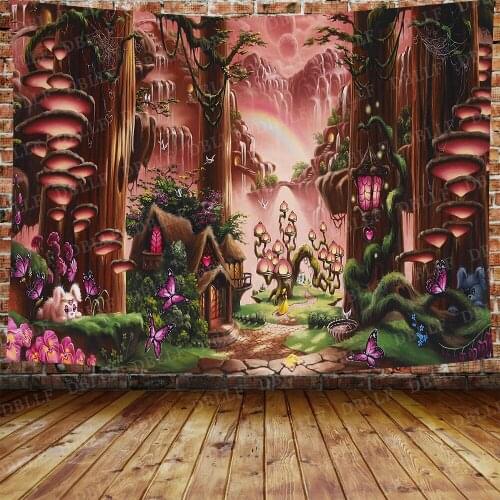 Fantasy Forest Tree Tapestry Fairyland Alice Castle Wall Hanging Backdrop for Apartment Bedroom Decor