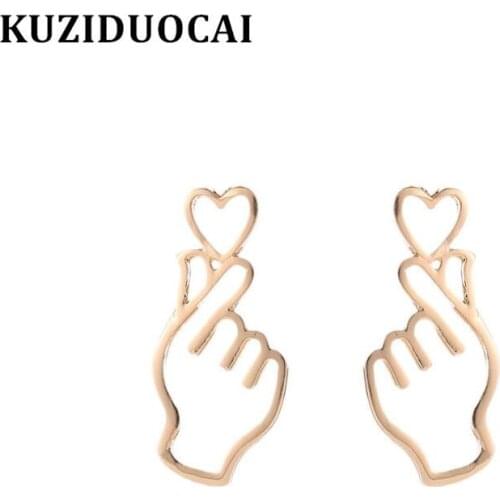 Kuziduocai New Fashion Jewelry Bohe Punk Metal Hand Holding Heart Love Statement Drop Earrings For Women Aretes Brincos E-1498