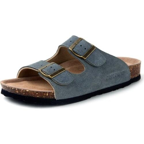 Summer Mens Cow Suede Leather Mule Clogs Slippers High Quality Soft Cork Two Buckle Slides Footwear For Men Women Unisex 35-46