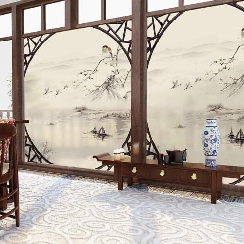 Matte stickers glass foil Chinese style landscape stickers light opaque Chinese decoration window stickers