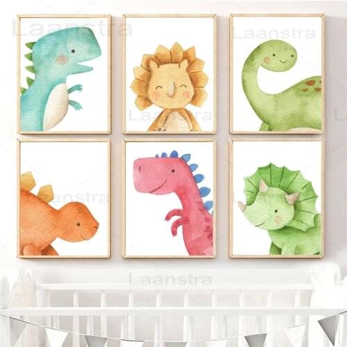 Cartoon Canvas Painting Watercolor Little Dinosaur Wall Picture for Childrens Room Decoration Warm Home Decor Posters and Print