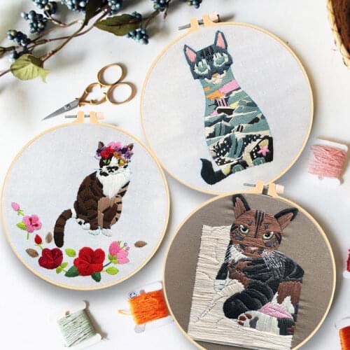 20cm Cute Cat European Embroidery kit Simple Three-Dimensional Embroidery Ribbon Kit Embroidery Needlework With Plastic hoop