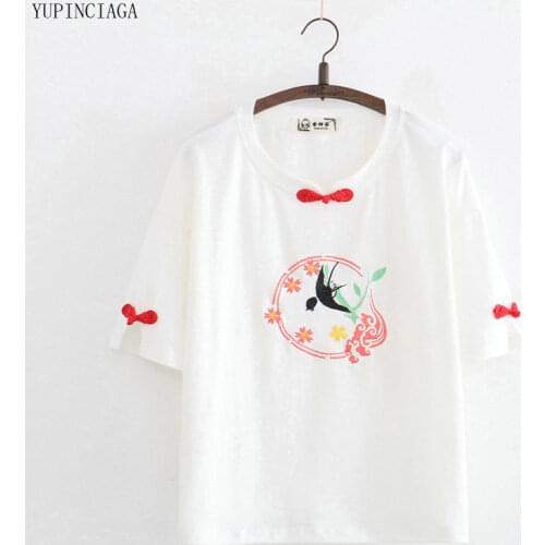 2020 New Chinese style T shirt Women Short Sleeve Female Plate Buckle Swallow Embroidery Casual Loose Basic Tops Tees For Girls