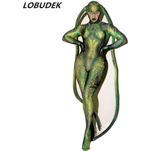 Novelty Green Printed Spandex Stretch Skinny Jumpsuit Men Women Cosplay Costume Halloween Rave Party Role-playing Stage Clothes