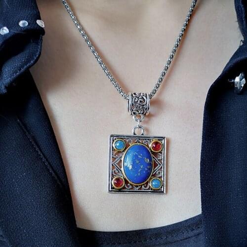 Carved Colorful Aobao Necklace Boho Antique Lapis Pendant Necklace Womens Handmade Fine Jewelry Gifts Fashion Accessories