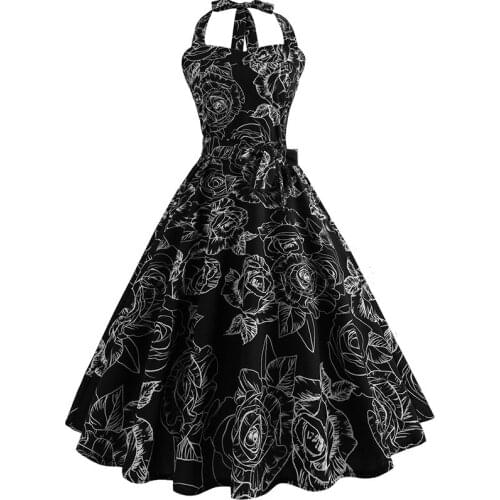 Retro Vintage Style Sleeveless with Bow 3D Skull Floral Printed 2018 Summer black Women Dress Halter Party Sexy Casual Dress