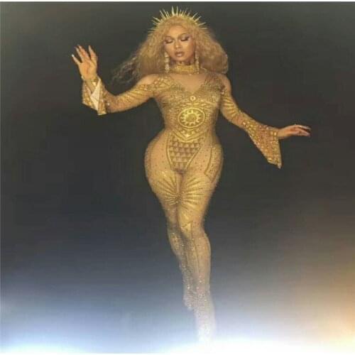 S28 Gold sexy ballroom dance costumes femal jumpsuit catwalk stage wears bodysuit Rhinestone party catwalk clothe performance