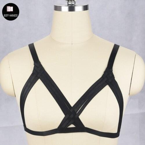Sexy Black Bra Women Fetish Wear Cage Bra Harajuku Gothic Open Chest Body Harness Cupless Lingerie Crop Top harness cage bra