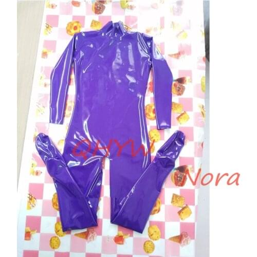 Sexy Women Purple Neck Entry Full Body Latex Rubber Gummi Catsuit Stretching Custom Made