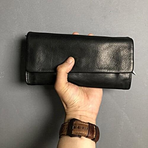 Handmade Cowhide Vintage Wallet Mens Washed Leather Wallet Ladies Black Clutch Fortune