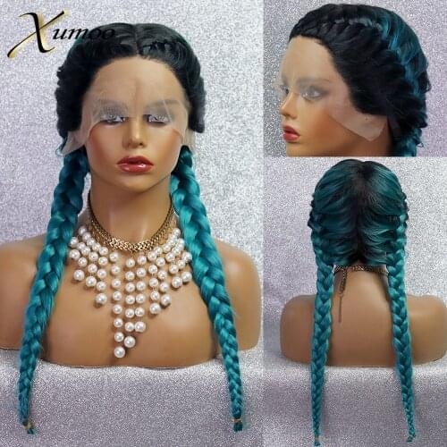 XUMOO Ombre Green Box Braided Synthetic Wig High Temperature Fiber Ginger Lace Front Wig Glueless Cosplay Braided Wigs For Women