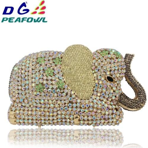Handmade Animal 3D Elephant Shape Gold Crystal Women Evening Handbag and Purse Metal Wedding Prom Minaudiere Clutch Bag