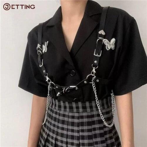 Women Unisex Gothic Adjustable Leather Waist Belt Chain Belt For Women Punk Hip-hop Heart Buckle Belt With Chain Female Belt