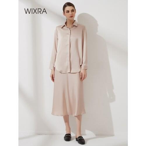 Wixra Women Satin Long Sleeve Turn Down Collar Blouse + High Waist A Line Skirt Summer Autumn Female OL Style 2 Piece Set