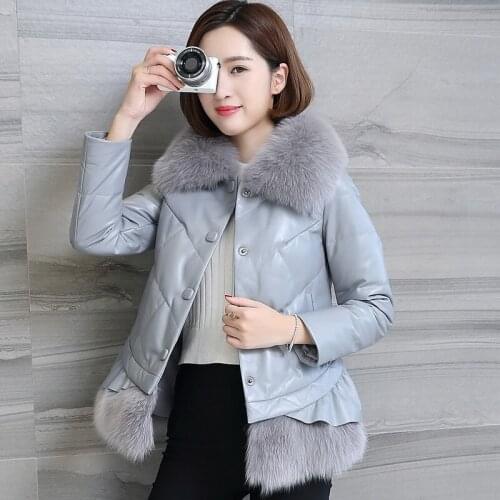 Winter Genuine Leather Women Sheepskin Coat Womens Down Jackets Fox Fur Collar Short Female Jacket Macaw KJ904