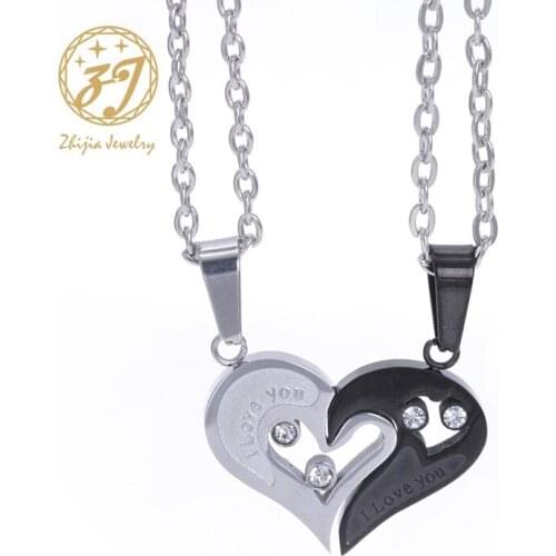 Zhijia 2pcs Heart-shape "I Love You" Stainless Steel Couple Lovers Half Heart Pendant Necklace Puzzle pendant necklace one pair