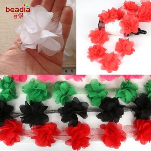2yard/lot Approx 24pcs 3D Chiffon Flowers Lace Trim Sewing Supplies Dress Decoration Lace Fabric Applique