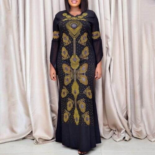 2021 Summer New Fashion Muslim Round Neck Long Sleeve Solid Color Hot Drilling Casual Oversize African Womens Dress