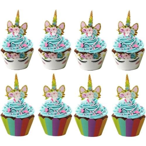 24pcs Unicorn Rainbow Cake Toppers Cupcake Wrappers Kids Birthday Party Cake Decoration Baby Shower Unicorn Party Supplies