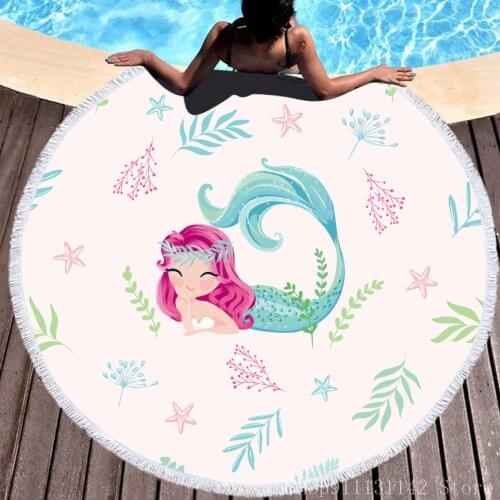3d Cartoon Lovely Deep Sea Mermaid Round Beach Towel Microfiber Swimming Surf Absorbent Fast Dry 150 Cm with Tassels