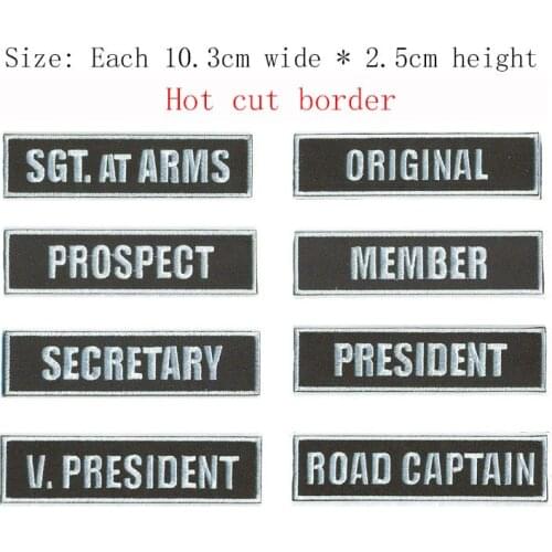 8pcs name tag embroidery patch PRESEDENT,ORIGINAL,SECRETARY,MEMBER,ROAD CAPTAIN,PROSET,SGT at ARMS iron on emblemas for clothing