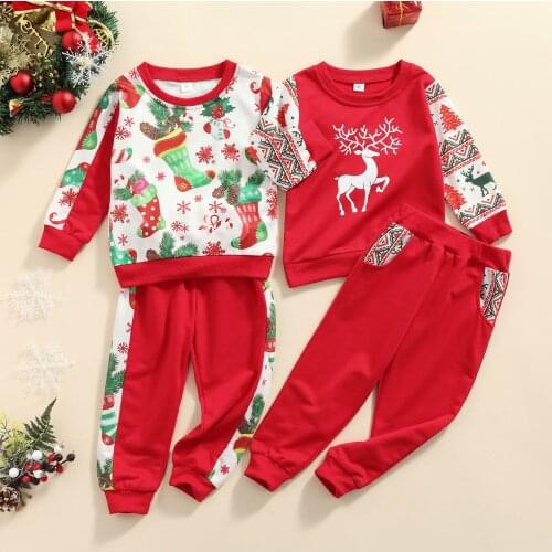 Kids Christmas Two-piece Clothes Set, Printed Pattern Round Collar Pullover and Trousers, White/ Red 2021 New Fashion