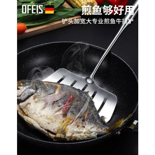 OFEIS 304 Stainless Steel Home Flat-bottomed Fried Fish Shovel Turnfish Shovel Long Handle Fried Fish Special Frying Shovel