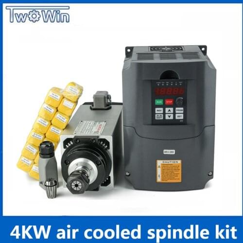 4kw Air Cooled Spindle Motor 4 pcs Bearings CNC Spindle Motor + 220V/4KW Inverter + 1set ER20 ,Square milling machine spindle