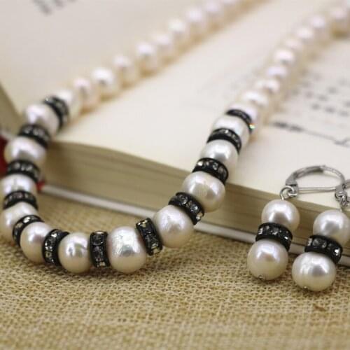 Hot sale natural 9-10mm white freshwater pearl beads necklace earrings for women black spacers crystal jewelry set 18inch B3108