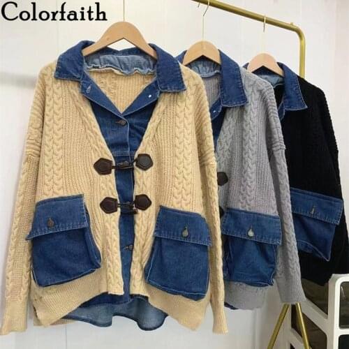 Colorfaith New 2021 Womens Autumn Winter Sweaters Cardigans Vintage Korean Denim Patchwork Oversized Pockets Knitwear SWC1553JX
