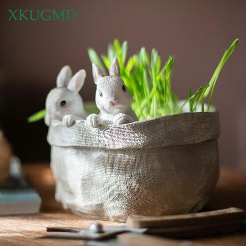 Creative Pastoral Resin Pocket Rabbit Art Vase Decoration Dining Table Living Room Balcony Flower Pot Home Decorat Ornaments