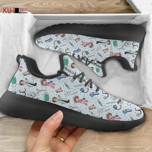 KUILIU Fashion Cartoon Nurse Pot Print Women Platform Vulcanized Sport Shoes Medical Nursing Breathable Mesh Knitting Sneakers