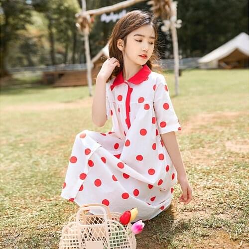 Summer Girls Casual Dresses Dot Print Short Sleeve Med Length Gowns 4 8 10 14 Years Children Outdoor Vacation Dress Kids Clothes
