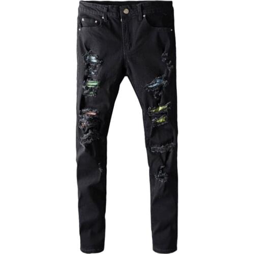 American Street Style Fashion Men Jeans Black Elastic Slim Fit Ripped Jeans Men Destroyed Patchwork Designer Hip Hop Punk Pants