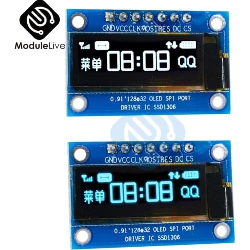 0.91 Inch 0.91'' SPI 128x32 12832 White/Blue Digital OLED LCD Display DIY Module SSD1306 Driver IC DC 3.3V-5V For Arduino PIC