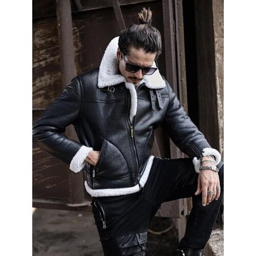 2019 New Mens Black B3 Shearling Jacket Lapel Short Leather Jacket Slim Fur Coat Mens Sheepskin Coat