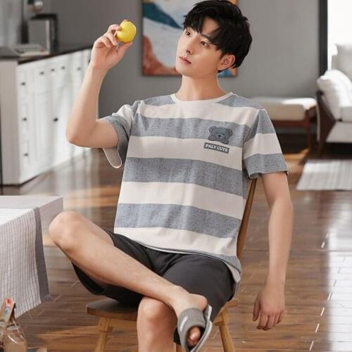 Plus Size Mens Pajamas Set Summer Cotton Short-sleeved Shorts Homewear Fashion Gray Stripe Cartoon Litter Bears Print Sleepwear