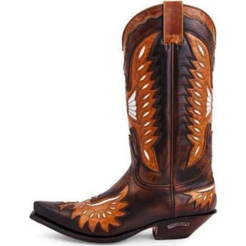 New Men Fashion PU Leather Thick Heel Pointed Color Matching Western Cowboy Boots Leisure V-mouth But Painted Knight Boots KP293