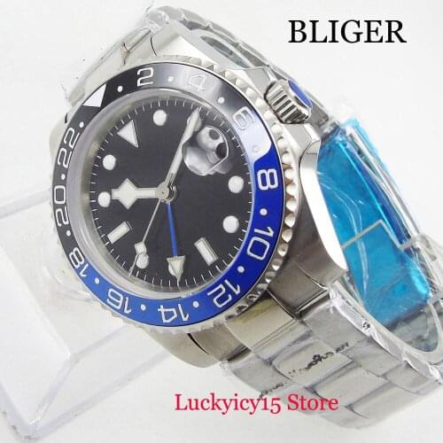 BLIGER Self Winding Mens Watch Sapphire Glass Auto Date 40mm Wristwatch GMT MINGZHU 3804 Movement