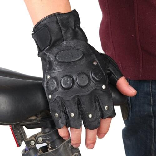 Rivet Punk Black Genuine Leather Gloves Fingerless Mittens Fitness Thunderbolt Cycling Gloves Women Mens Outdoor Riding Gloves