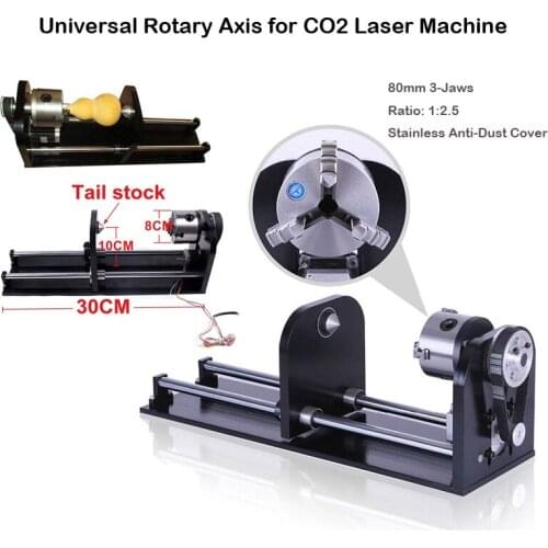 Universal Slide Rotary Axis Fourth Axis for Co2 Laser Engraving Cutting Machine with 80mm 3-Jaws Scroll Chuck Max 300MM Length