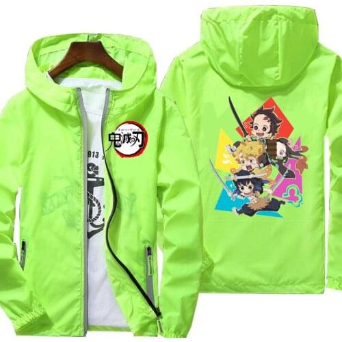 Mens anime Jackets Demon Slayer Windbreaker Jacket Reflective zipper thin hoodie jacket waterproof Outdoors