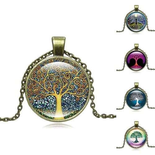 Vintage Jewelry with Bronze Plated with Glass Cabochon Tree of Life Shaped Choker Pendant Necklace for Women Gift