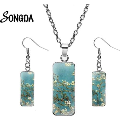 Van Gogh Painting Jewelry Sets The Starry Night Sunflower Almond Branch In Bloom Glass Rectangle Earrings Necklace Set Jewellery