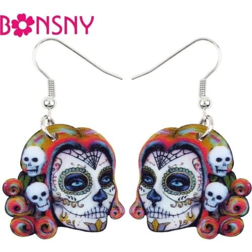 Bonsny Acrylic Dangle Drop Musician Halloween Festival Skeleton Skull Earring Big Long Fashion Jewelry For Girls Women Wholesale